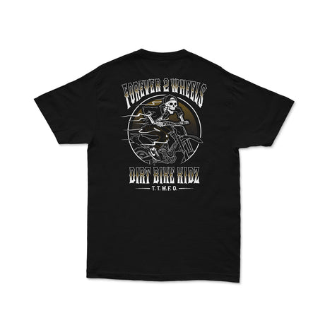 Dirt Bike Kidz Ghost Rider Tee black, back view featuring circular Forever 2 Wheels skull rider design